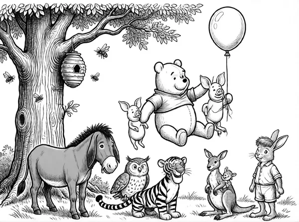 Pooh flies toward bees