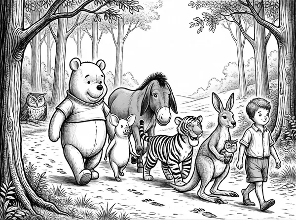 Pooh walks thoughtfully
